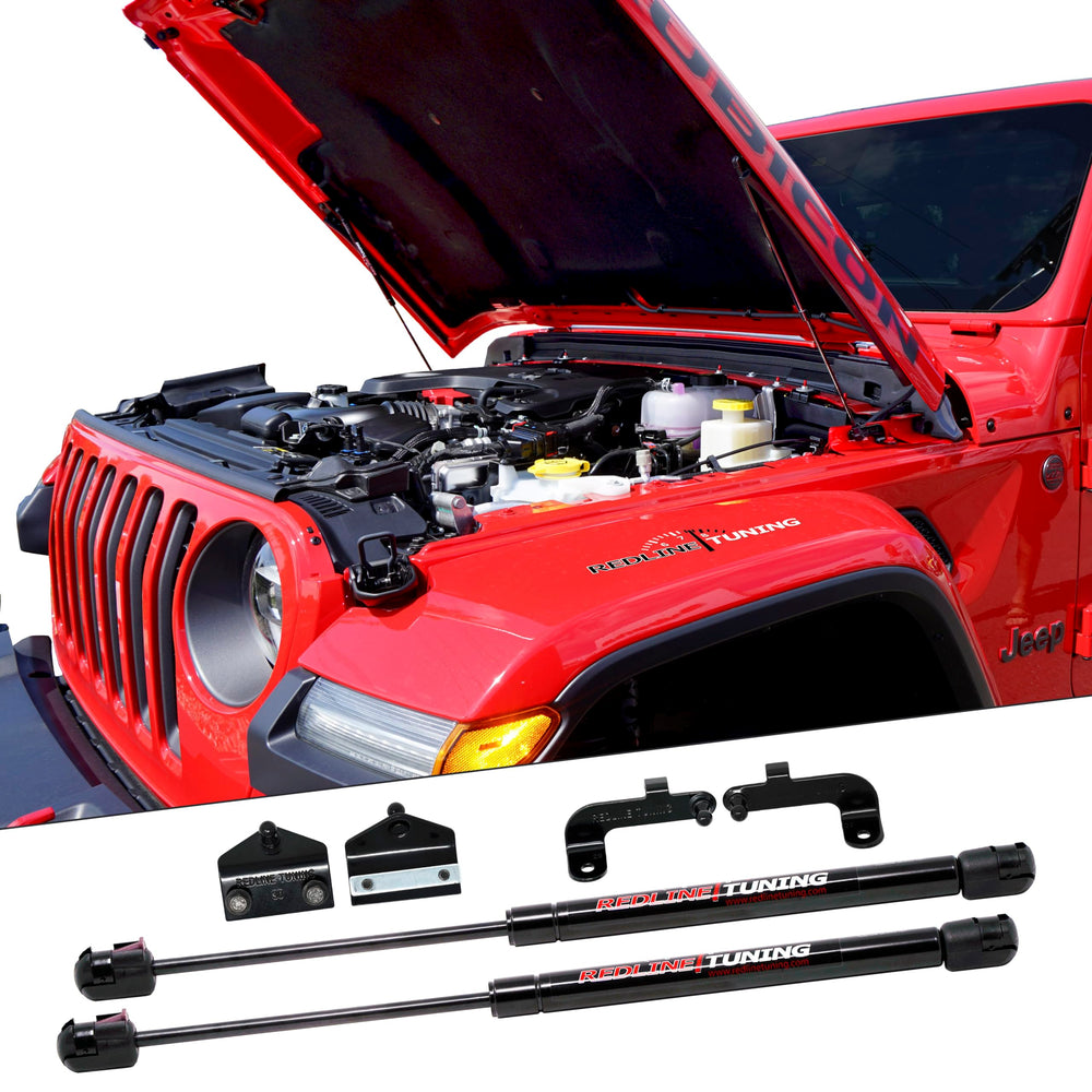 Redline Tuning Hood Quicklift Plus installed on Jeep Wrangler JL for easy engine bay access.