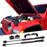 Redline Tuning Hood Quicklift Plus installed on Jeep Wrangler JL for easy engine bay access.
