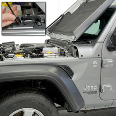 Quick-release lower attachments demonstrate easy hood detachment from gas struts.