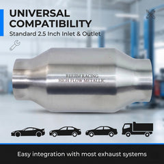 Reejim 2.5-inch inlet/outlet fits a wide range of vehicles.