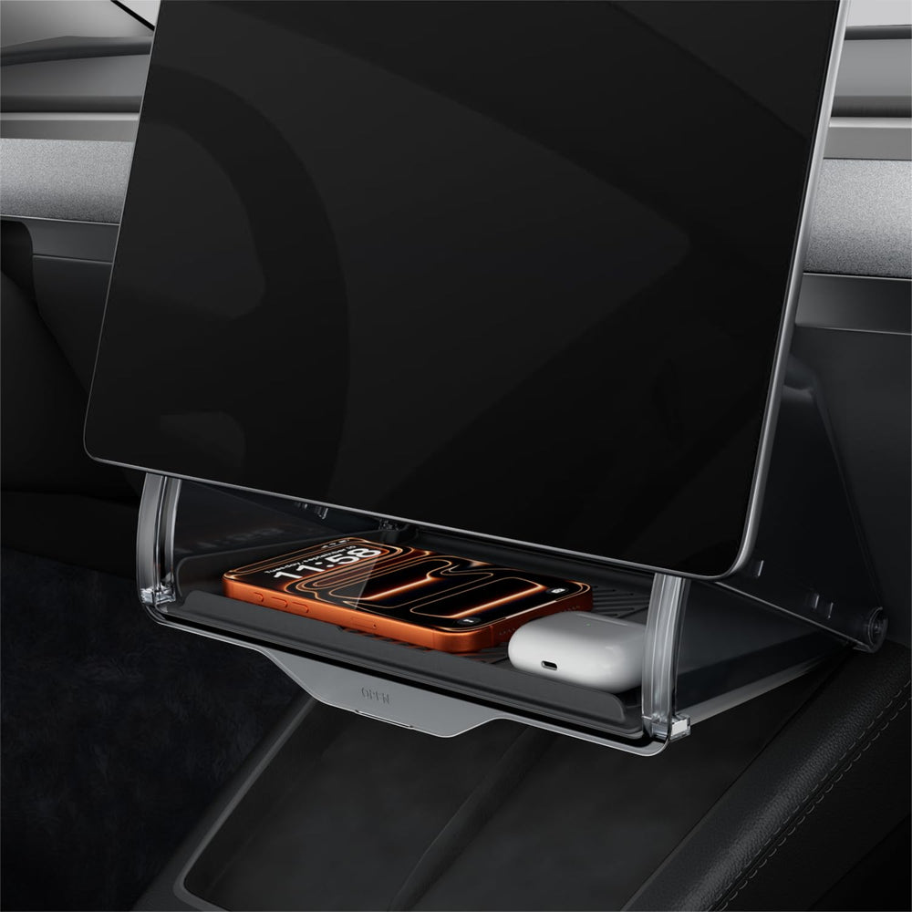 REEVAA Model Y hidden under-screen storage box neatly conceals essentials for a cleaner cabin