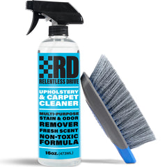 Relentless Drive cleaner kit bottle and brush enables deep interior cleaning and stain lifting.
