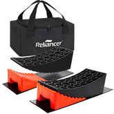Reliancer curved levelers for fast, stable RV leveling on uneven ground.