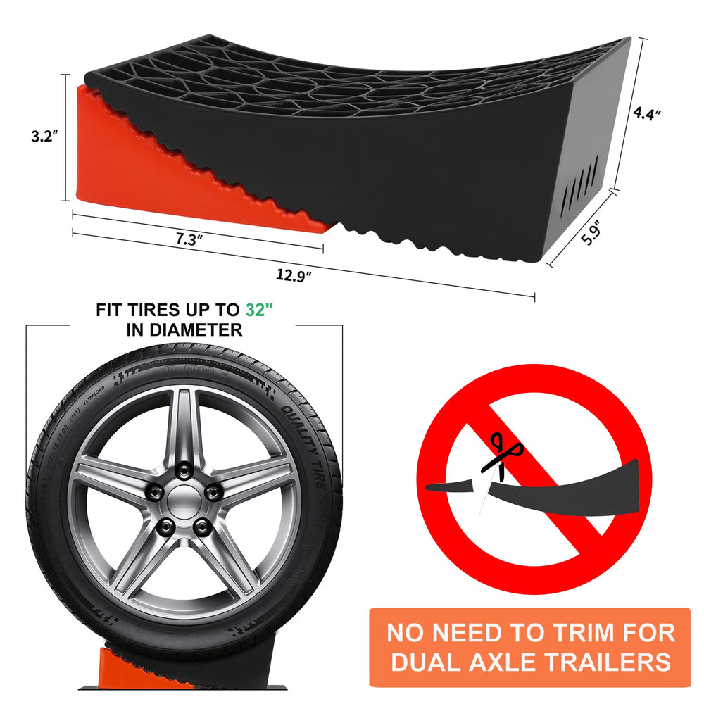 Reliancer wheel chocks securing tires to prevent movement during camping.