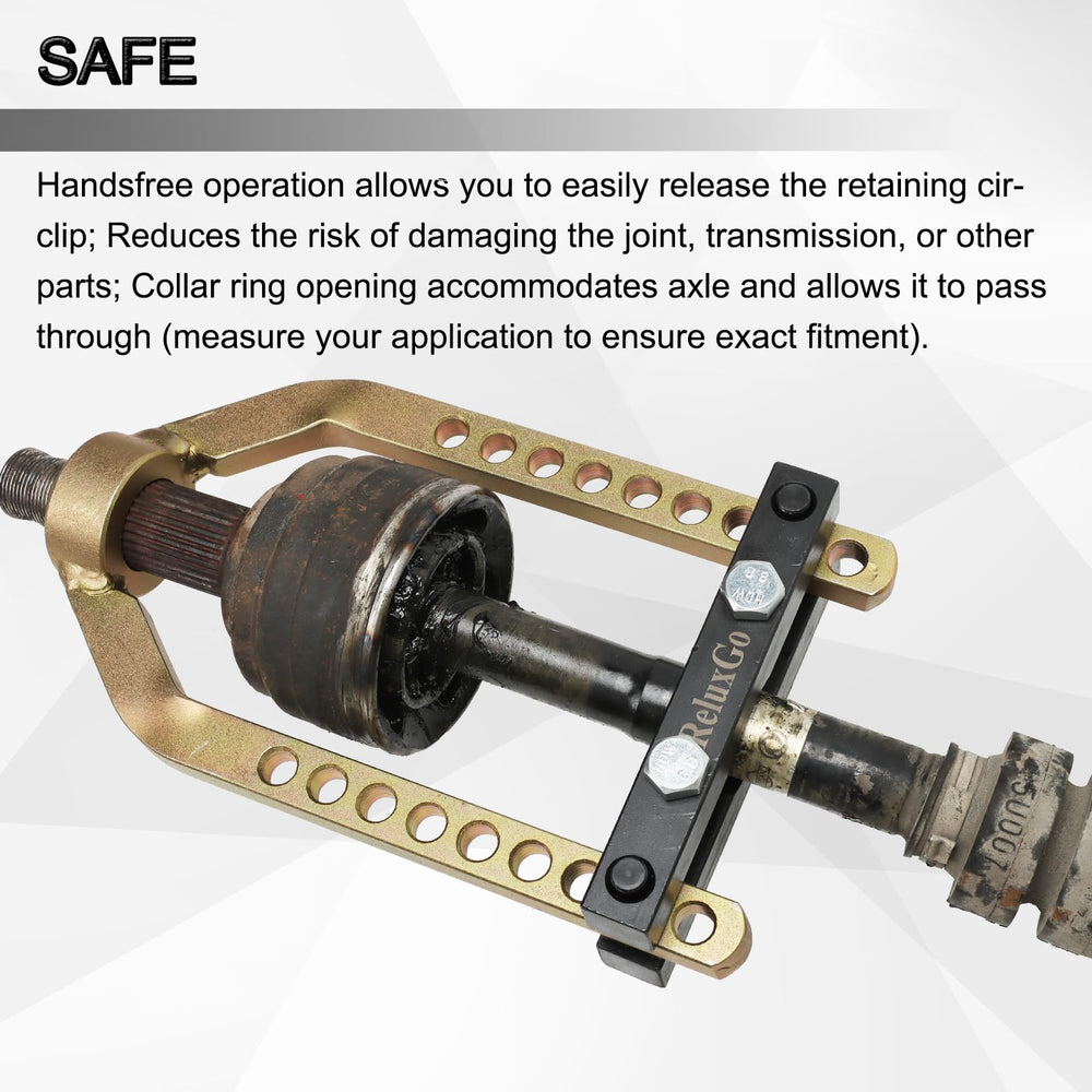 ReluxGo CV Joint Puller shows 9 holes for precise fit on many vehicles.
