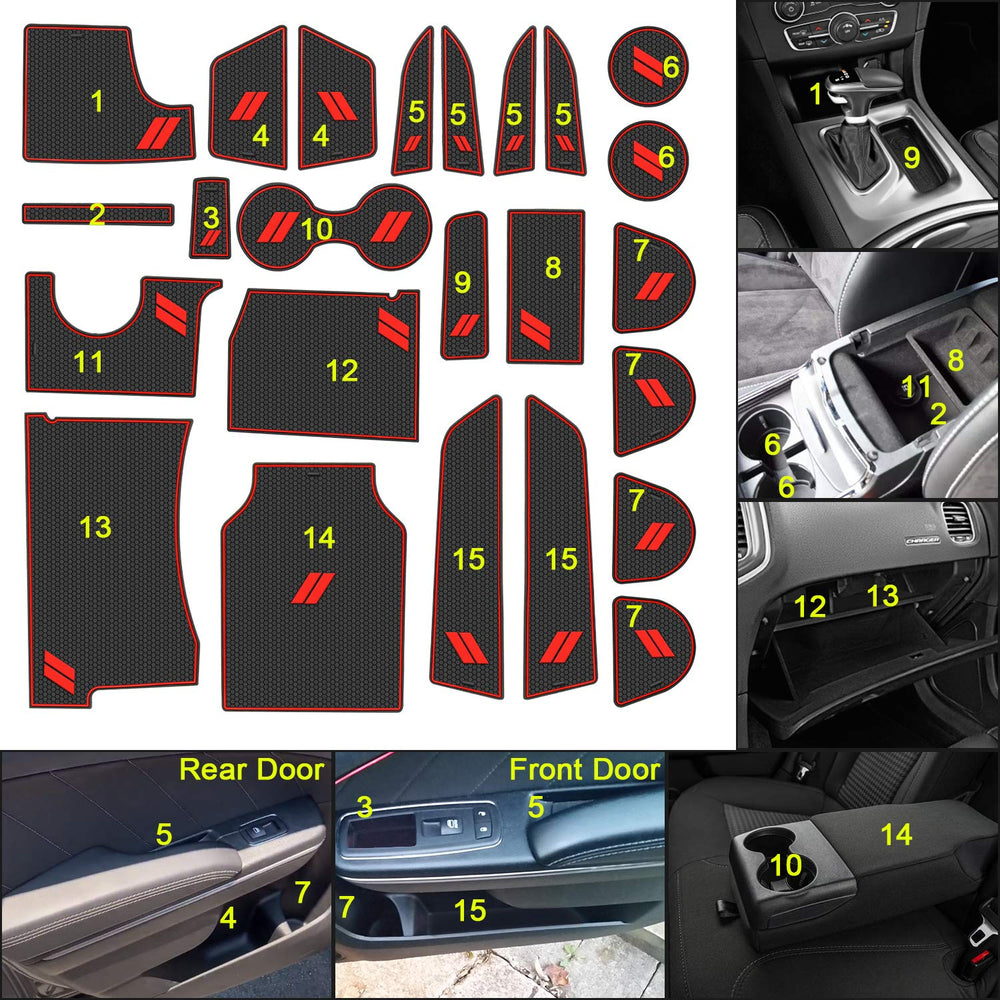 REMOCH red dash-area mats improve grip and reduce rattling inside the Charger