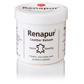 Renapur Leather Balsam bottle demonstrates natural conditioning for durable leather care.