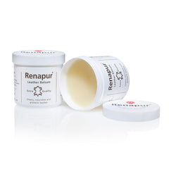 Renapur Leather Balsam packaging highlights long shelf life and value.