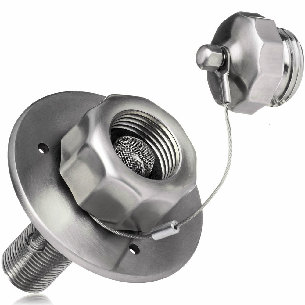 Renator all-metal RV city water inlet in brushed stainless showcasing durable seal.