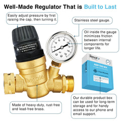 Renator brass regulator packaging includes sturdy box and support.