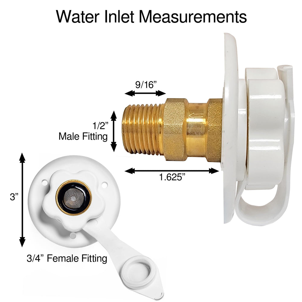 Renator RV water inlet flange with check valve prevents backflow during use.