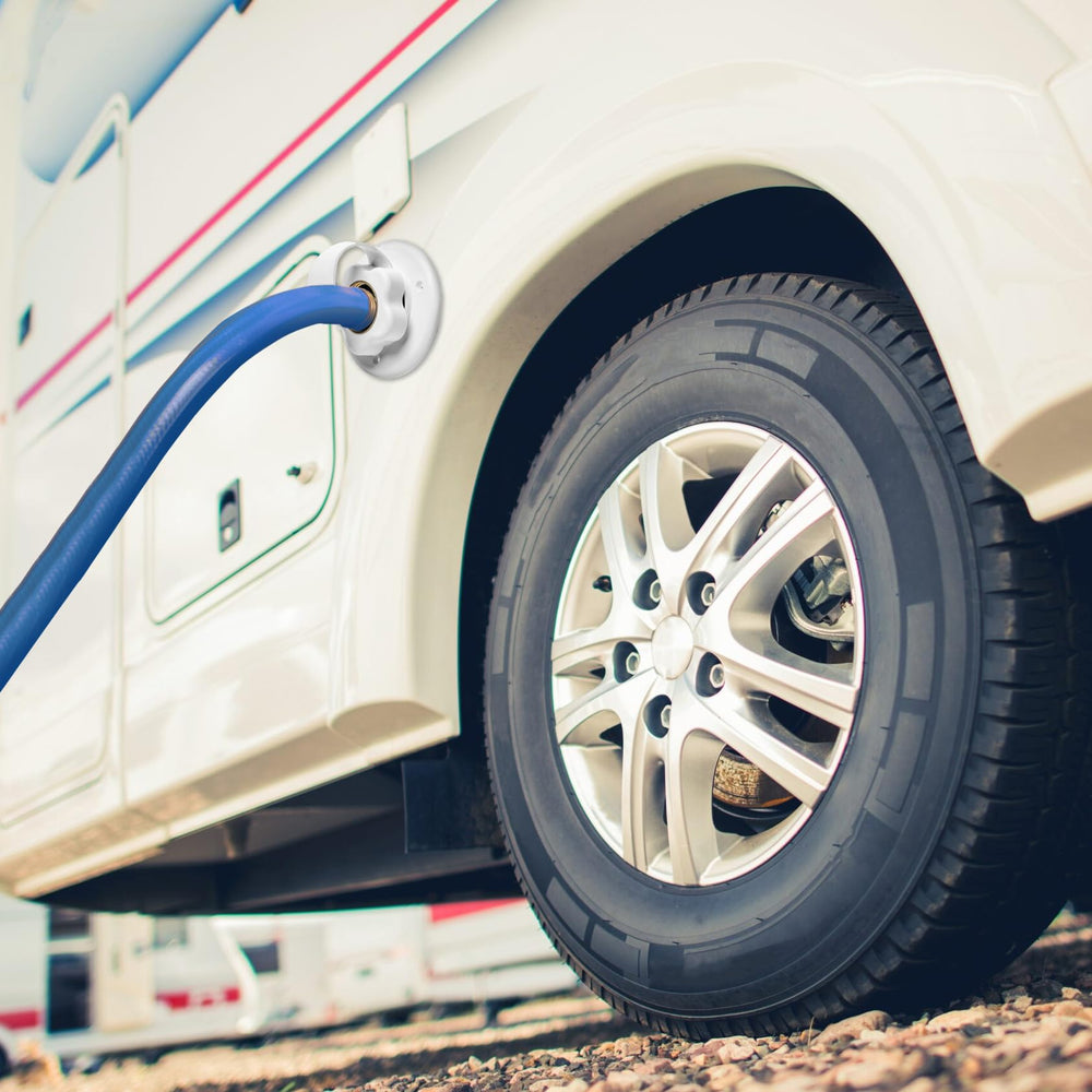 Renator RV water inlet flange installation step shows quick, screw-in hookup.