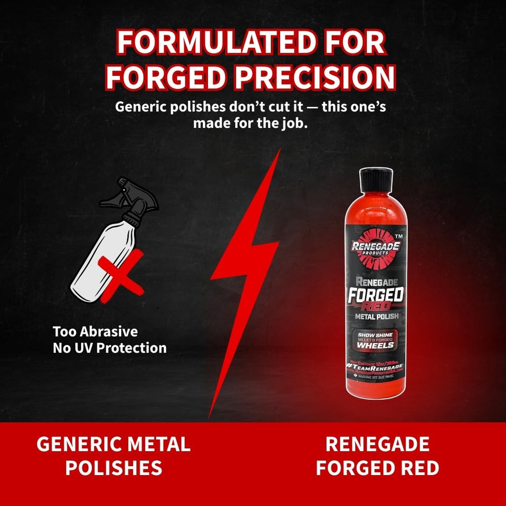 Renegade Forged Red safe for billet and forged wheels, minimizing risk of over-polishing.