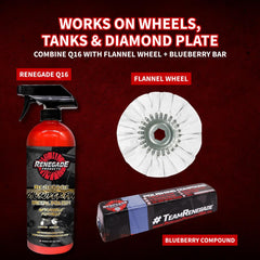 Renegade Q16 automotive metal polish used on exterior trim for shine.