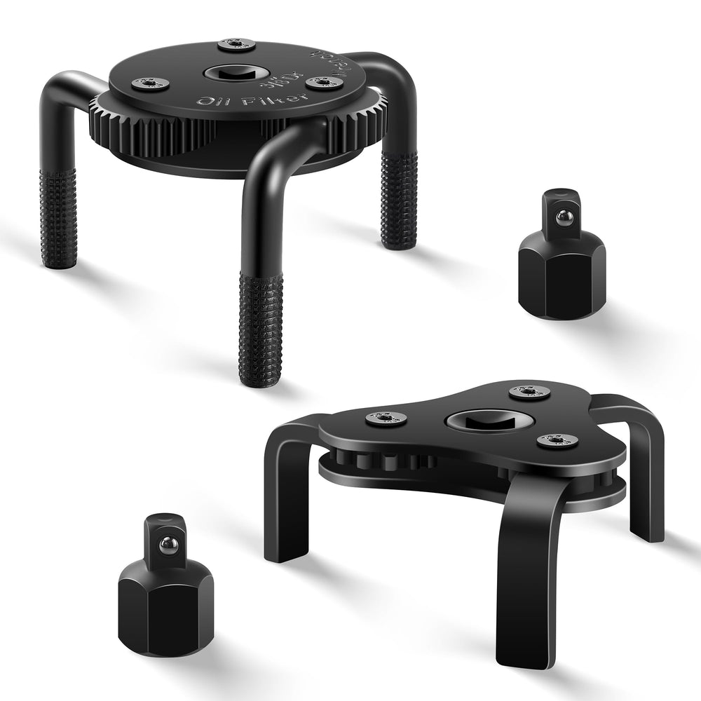 Reniteco oil filter wrench closeup shows adjustable 3‑jaw grip for secure removal.