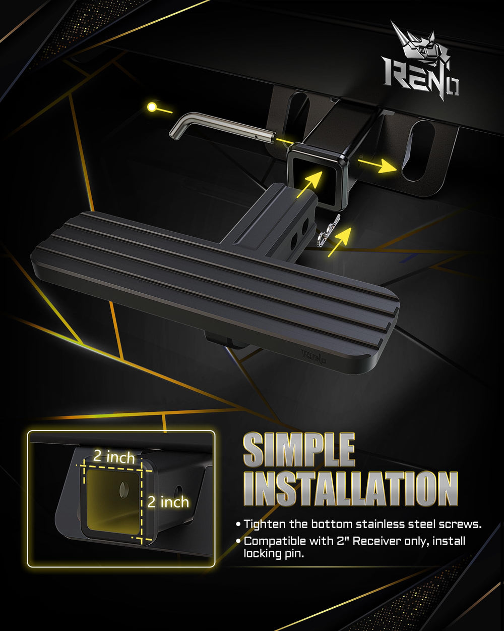 Reno bumper step shows D ring compatibility for soft shackles or straps.