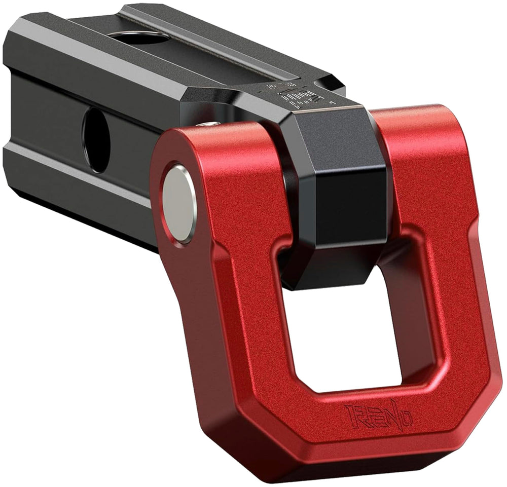 RENO Shackle Hitch Receiver 2in front view showing rugged aluminum build for off-road recovery.