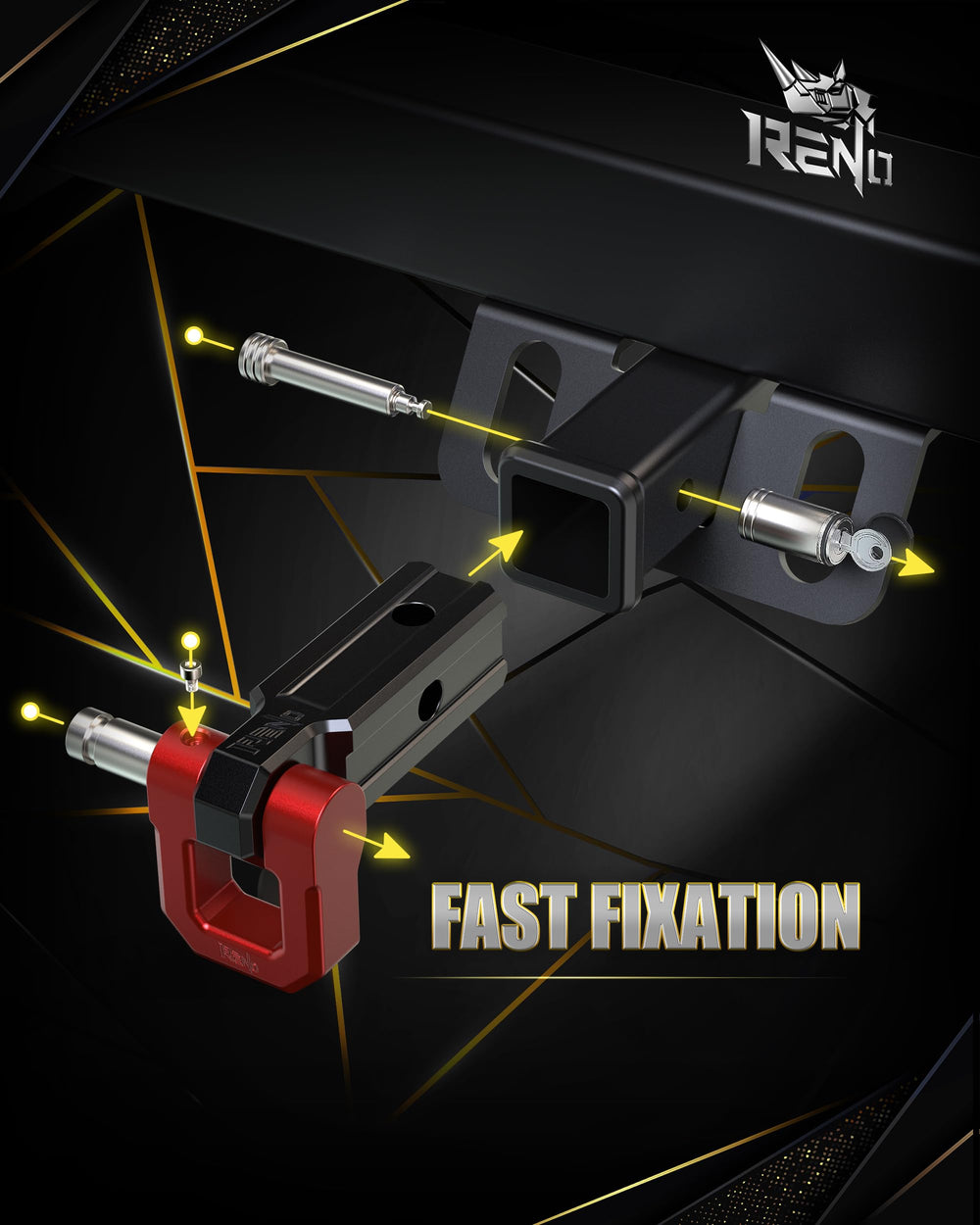 RENO dual-hole hitch exposes two-way recovery options for flexibility.