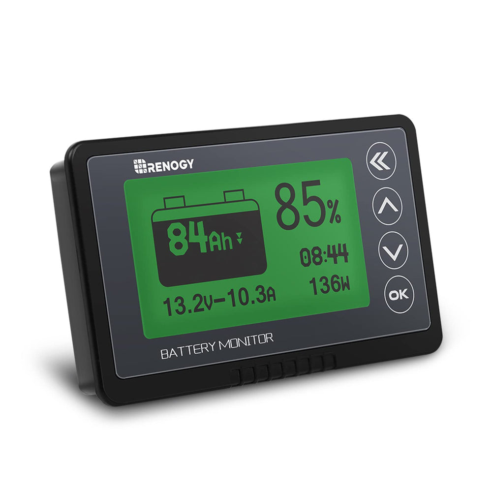 Renogy 500A Battery Monitor front view with shunt shows precise readings