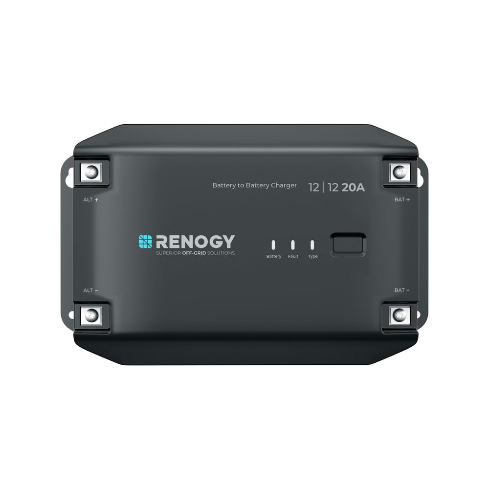 Renogy DC to DC charger 12V 20A installation shows safe mounting for RVs and boats