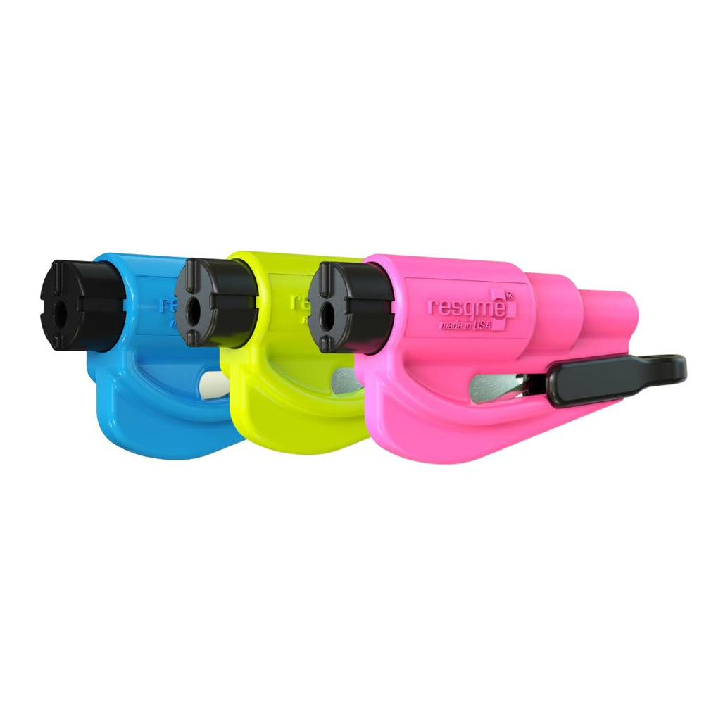 RESQME blue emergency keychain shows compact seatbelt cutter for rapid escape.