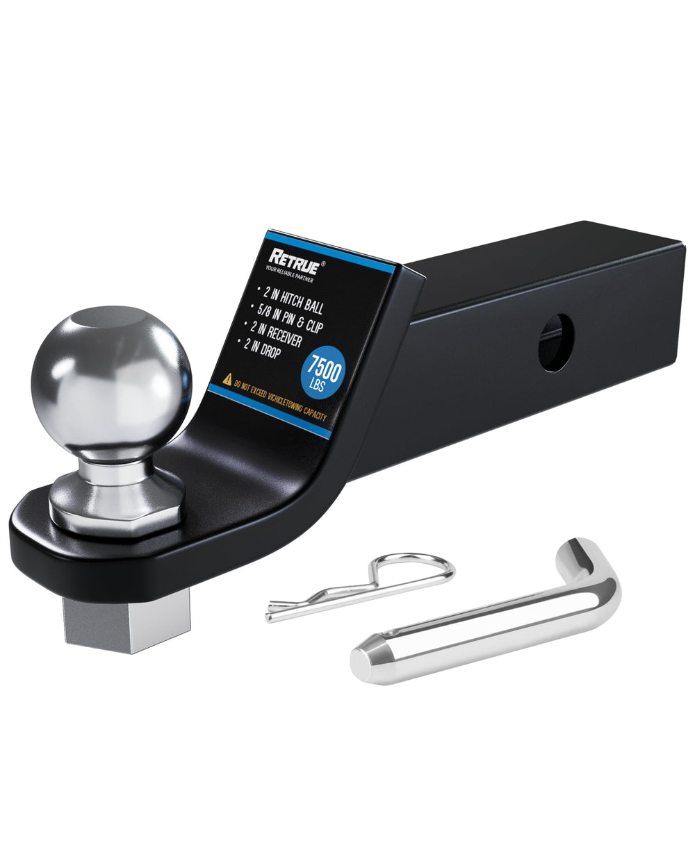 RETRUE 2 inch hitch ball mount with powder coated finish for durable, weather resistant towing.