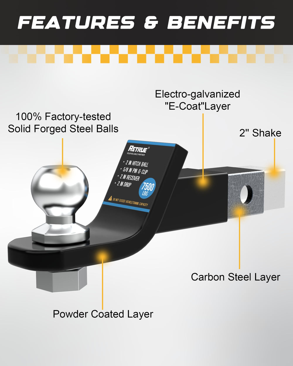 RETRUE anti theft hitch design helps deter unauthorized removal on trips.