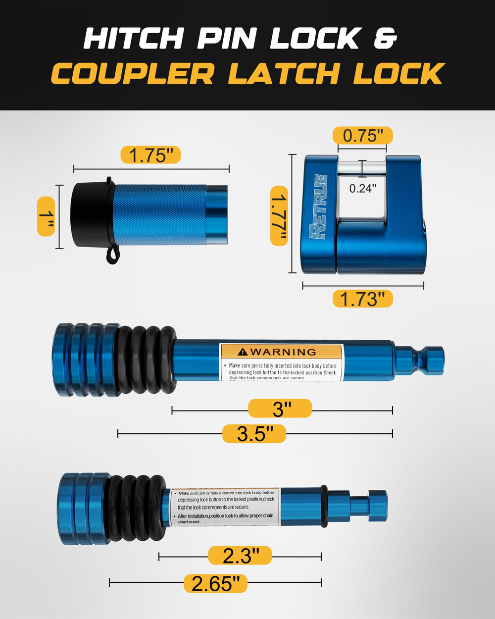 RETRUE dual hitch pin lock 5/8 inch for secure mounting.
