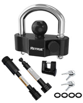 RETRUE heavy-duty trailer coupler lock shown with 11-position adjustment for multiple hitch sizes.