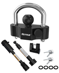 RETRUE heavy-duty trailer coupler lock shown with 11-position adjustment for multiple hitch sizes.