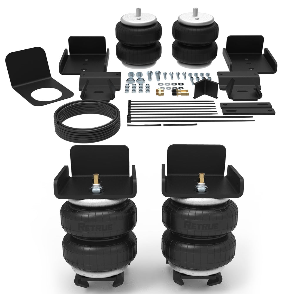 RETRUE rear air bags suspension kit mounted on a Silverado/Sierra for load leveling.
