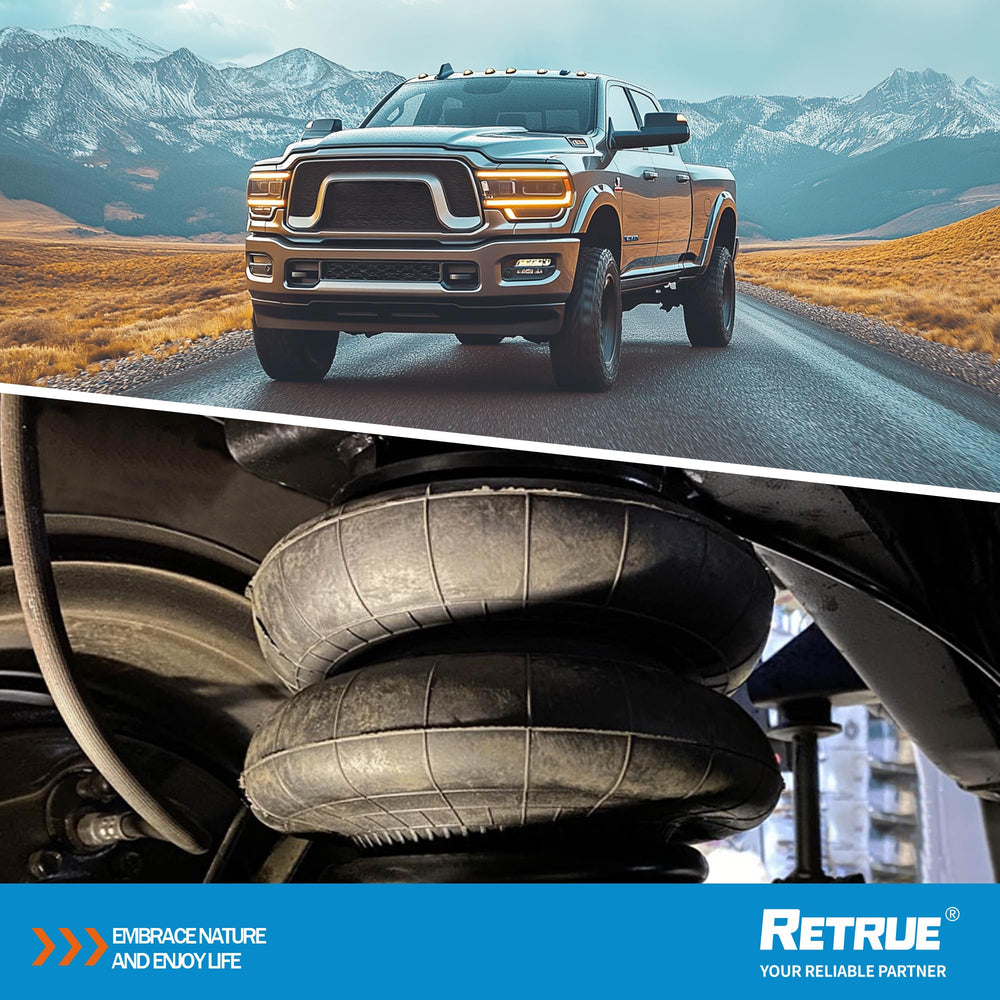RETRUE RAM 2500 air bags designed for 2014–2026 models with up to 5,000 lb capacity.