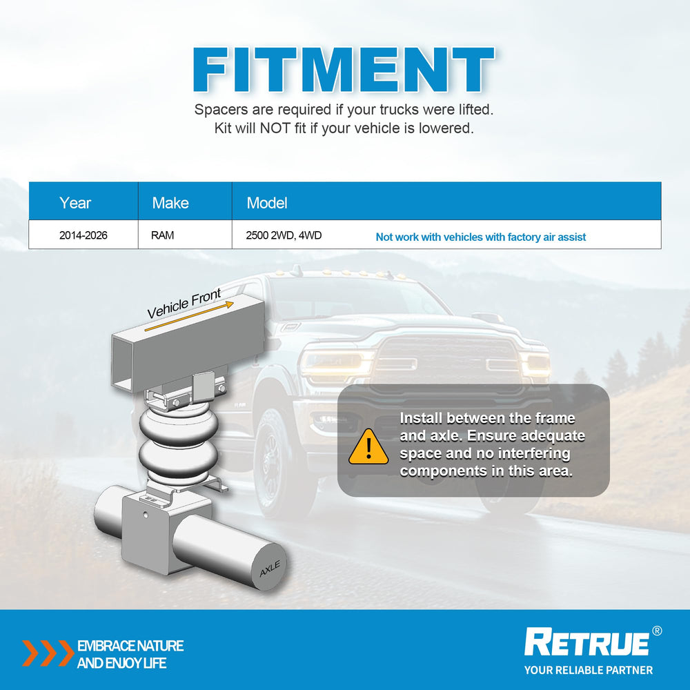 RETRUE RAM 2500 air bags delivering load leveling for heavy trailers and cargo.