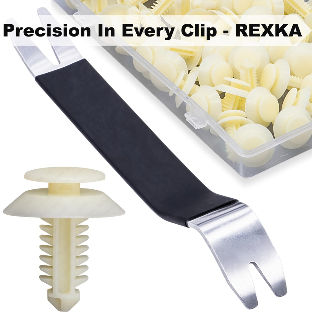 Rexka 50-pack clips with remover demonstrate easy trim panel replacement.