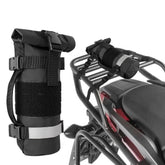 Rexmica fuel bottle holder mounted on motorcycle for quick fuel access