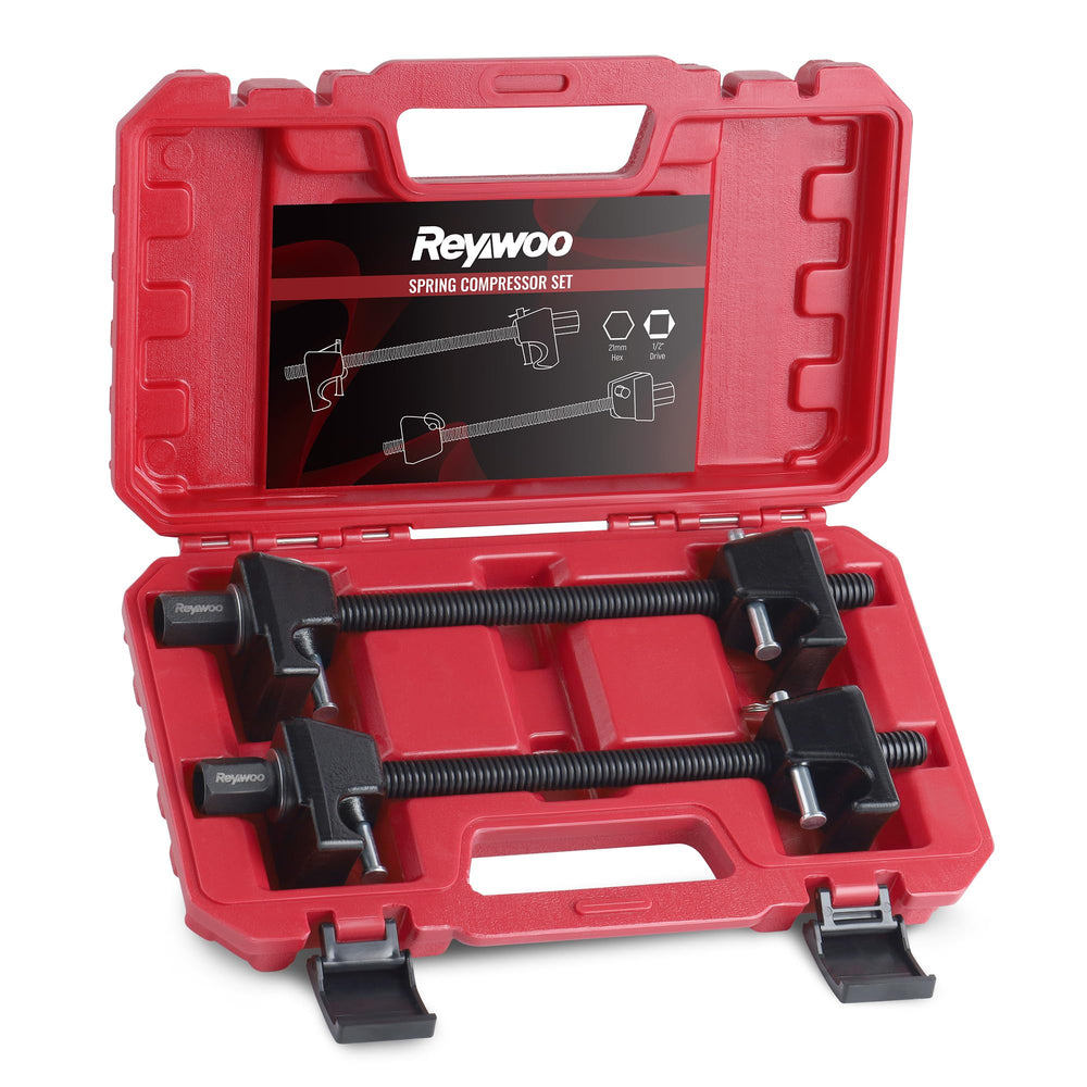Reywoo spring compressor tool setup shows secure locking pins during compression.