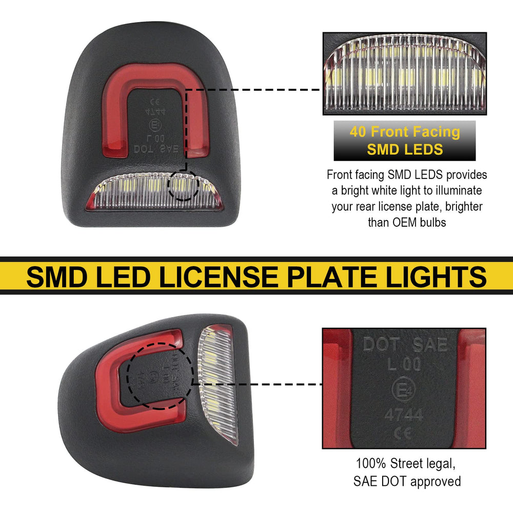 R&F Auto red U-shaped license plate light with plug-and-play installation.