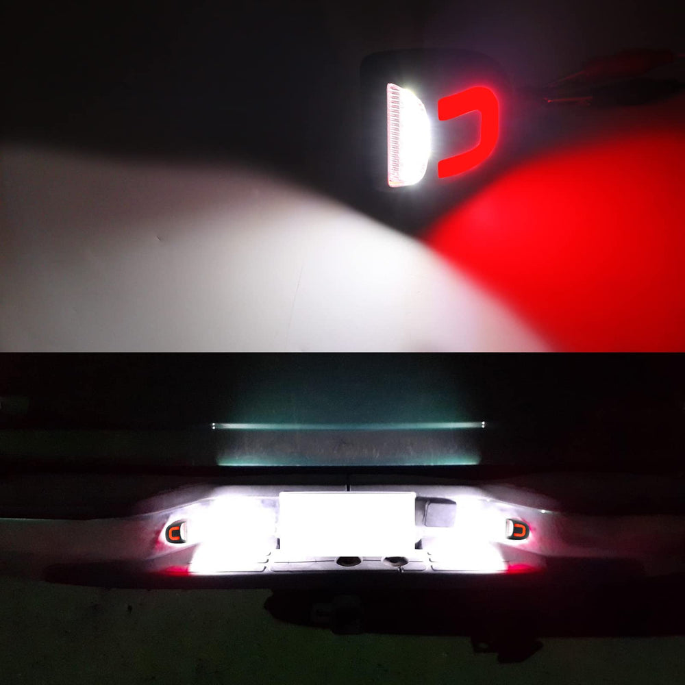 R&F Auto red U-shaped license plate light covered by a 1-year warranty.