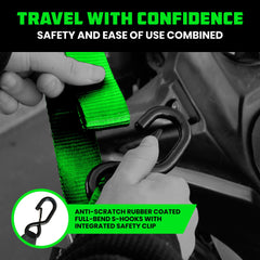Rhino USA 2,200lb break strength straps, designed for demanding loads on road trips.