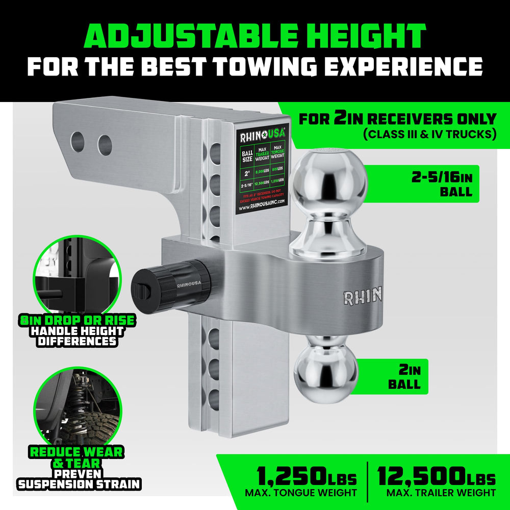 Rhino USA 8-inch drop hitch shown for level towing with lifted trucks.