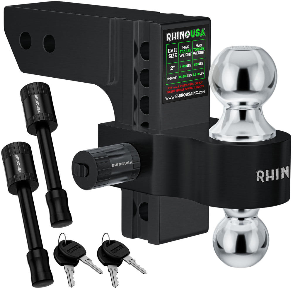 Rhino USA adjustable trailer hitch in a 2.5-inch receiver enables level towing.