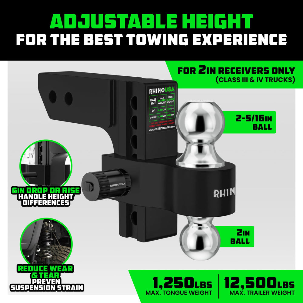 Rhino USA adjustable hitch designed for 2-inch receivers for versatile towing setups.