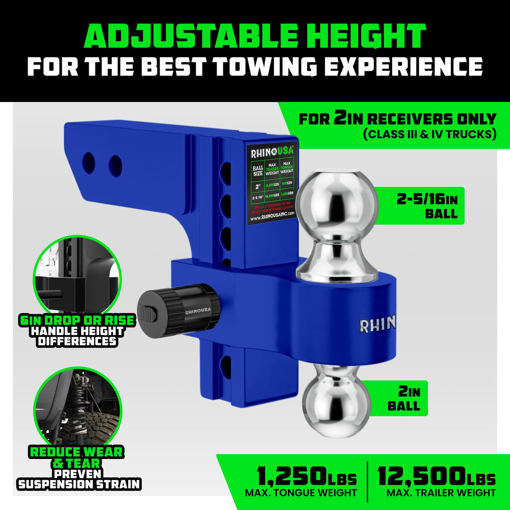 Rhino USA blue hitch with 2-inch receiver compatibility for Class 3 and 4 trailers.