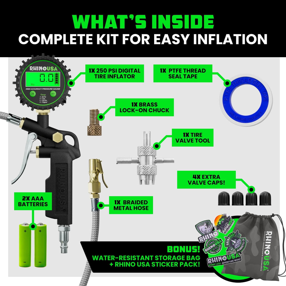 Rhino USA quarter-inch NPT compatibility extends usability with most air compressors.