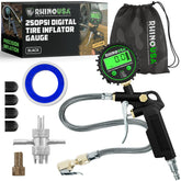 Rhino USA digital tire pressure gauge with inflator shows precise 0.1 psi resolution, angled view.
