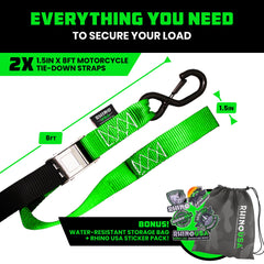 Rhino USA green handlebar setup with tiedown ready for secure mounting.