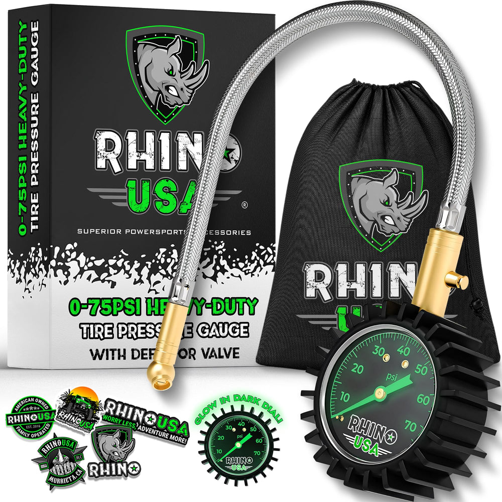 Rhino USA heavy-duty tire pressure gauge with glow dial for easy night use