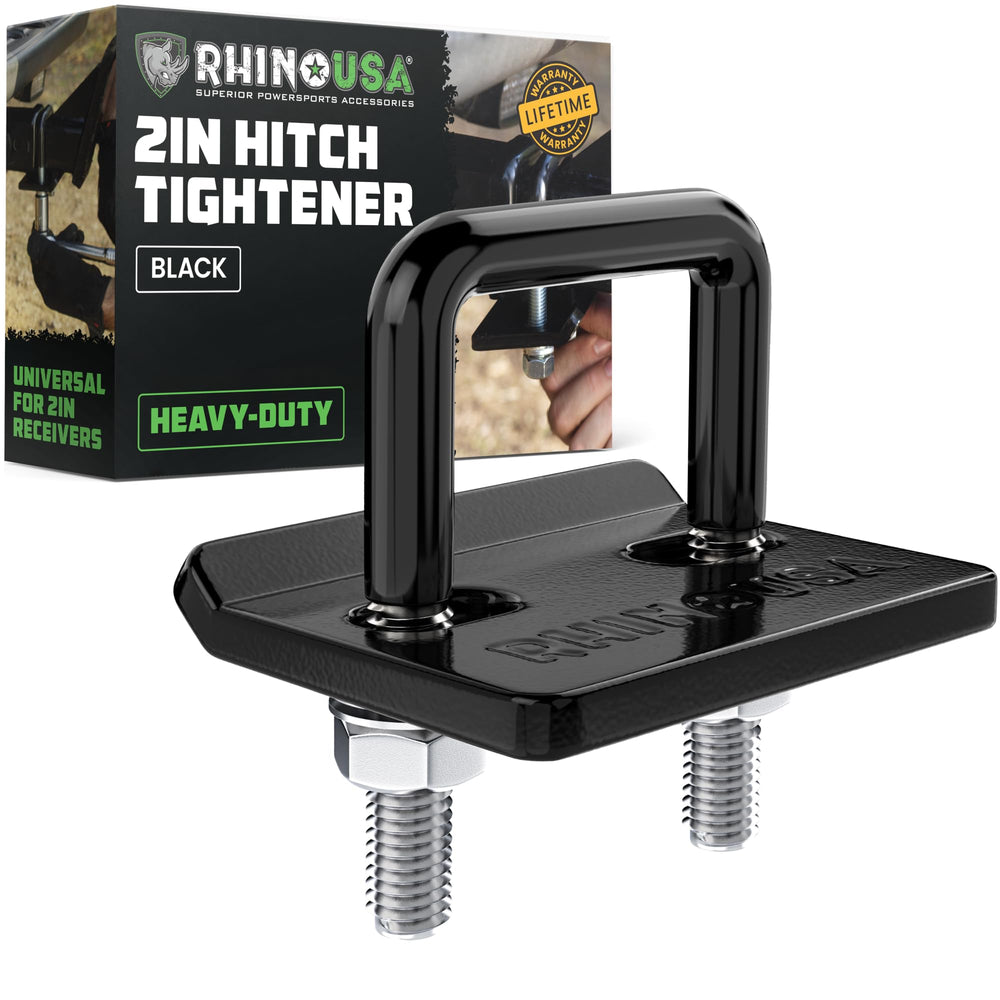 Rhino USA hitch tightener mounted on a 2-inch receiver for quiet towing.