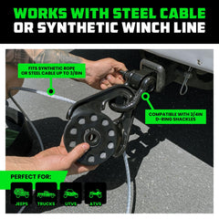 Rhino USA Snatch Block aerospace polymer pulley offers smooth operation.