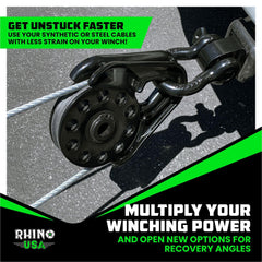 Rhino USA Snatch Block shows universal winch compatibility for rope or steel cable.